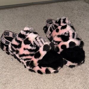 UGG Black and Pink Fuzzy Slippers